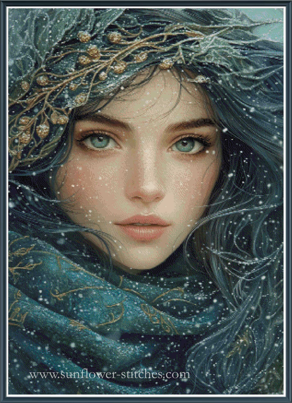 A cross stitch featuring a stylized portrait of a woman with icy blue-green eyes, dark teal hair, and a teal scarf with gold embroidery, surrounded by falling snow. 