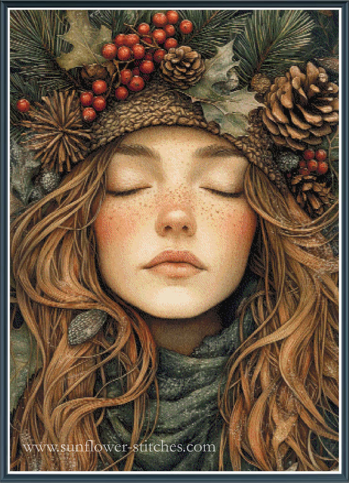 A detailed fantasy illustration of a woman with closed eyes, freckles, and long wavy light brown hair, wearing a winter hat decorated with pinecones, evergreen branches, and red berries, along with a dark green scarf.