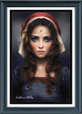 Framed portrait art print featuring a young woman with long wavy brown hair, a red headscarf, and a blue dress, with the text 'Sunflower Stitches' in the lower left. The artwork is presented in a dark teal frame with white matting.