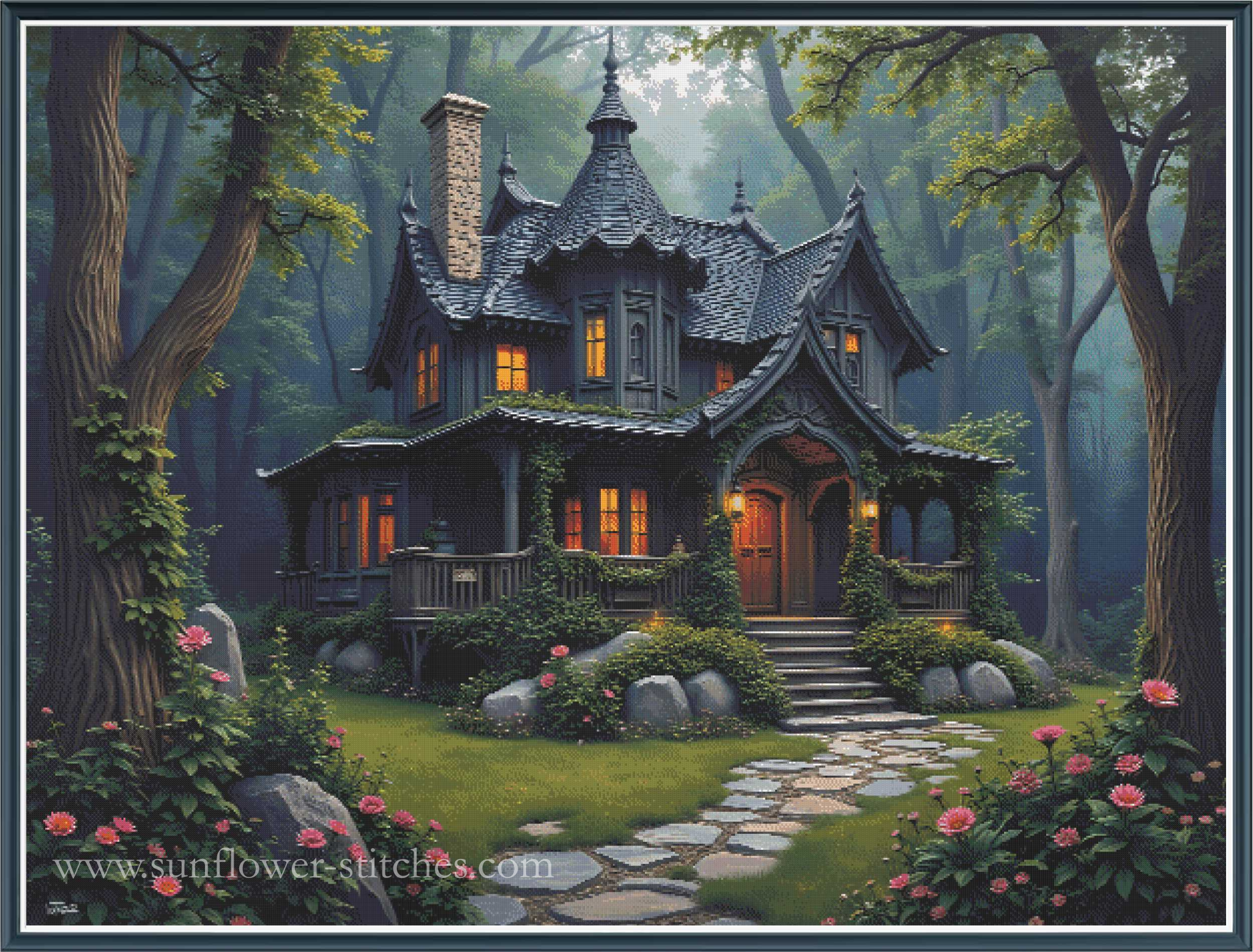 A whimsical fantasy-style illustration of a dark, gothic cottage surrounded by a dense, misty forest. The house has glowing warm yellow windows, a stone chimney, and a stone path leading to the front door.