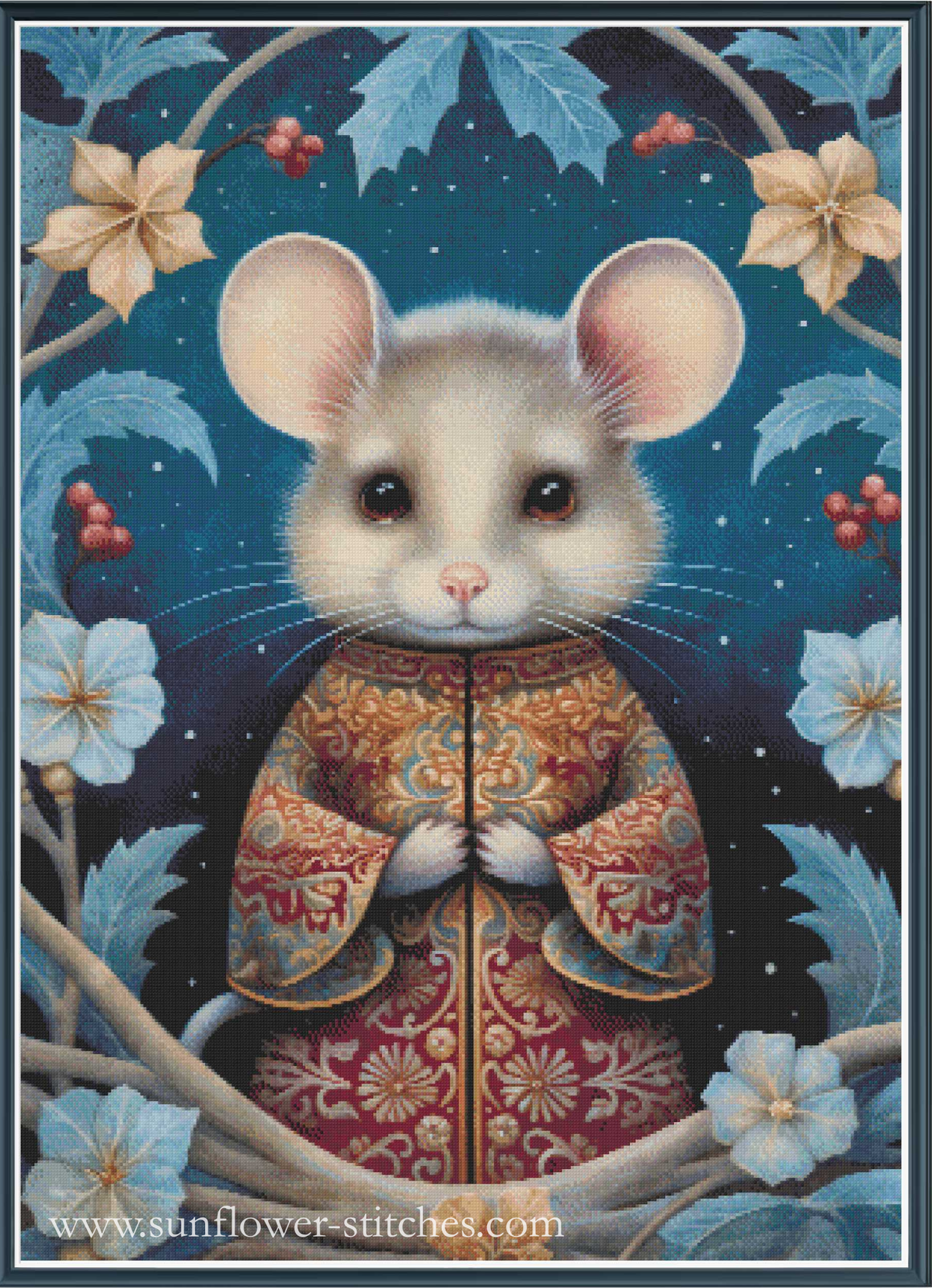 A cross stitch featuring a stylized mouse in a red and gold patterned robe, surrounded by blue leaves, white flowers, and small red berries against a dark blue starry background. 