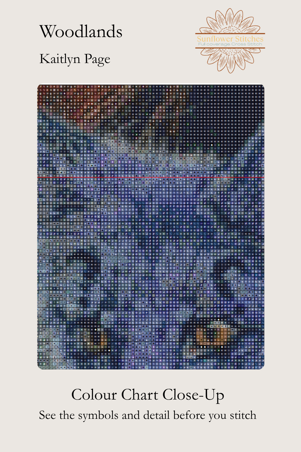 A close-up colour chart and symbol reference for a cross stitch design titled 'Woodlands' by Kaitlyn Page. The image shows a blue-toned stitched woodland motif with a cat-like face and the text 'Colour Chart Close-Up' at the bottom on a light beige background.