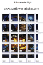 A Spooktacular Night chart page map, showing 25 numbered page thumbnails of the cross stitch design, Sunflower Stitches.