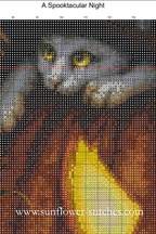 A Spooktacular Night colour chart close-up, showing stitch symbols over a cat and glowing pumpkin, Sunflower Stitches.