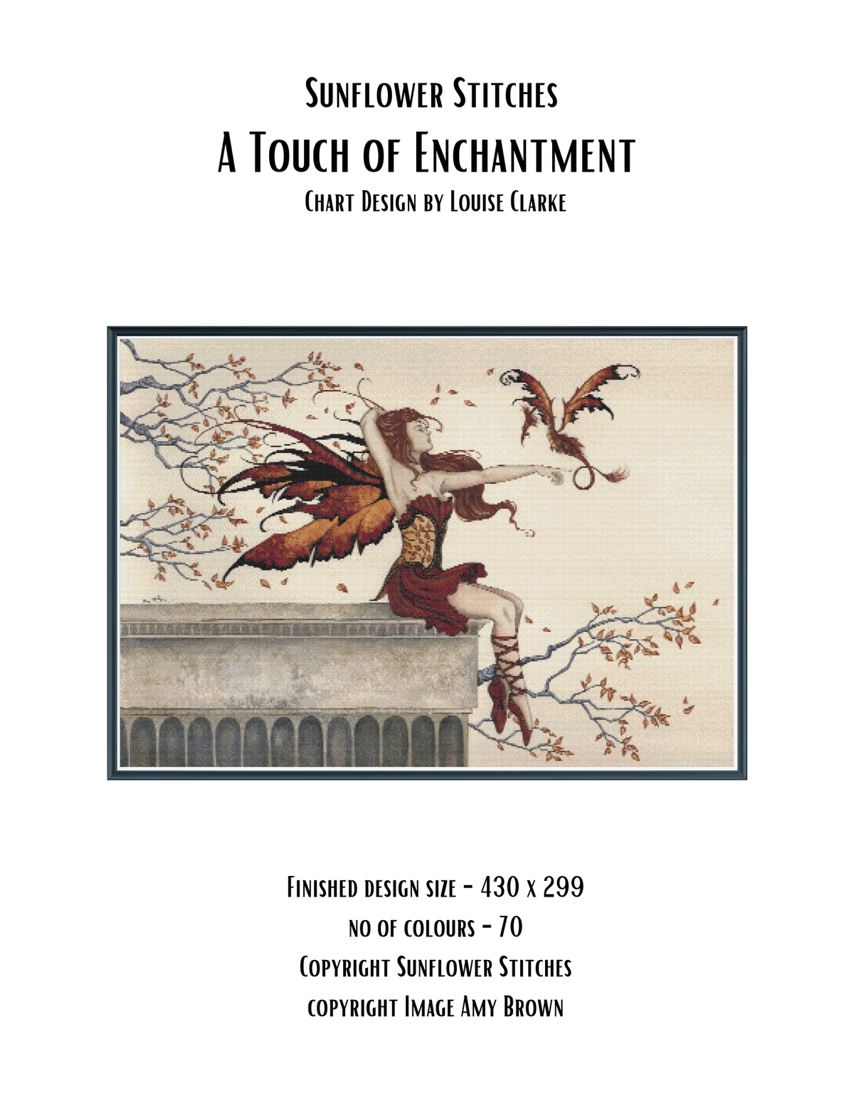 A Touch of Enchantment PDF chart cover featuring artwork by Amy Brown, with 430×299 stitch dimensions and 70 colours.