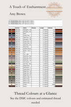 A Touch of Enchantment DMC thread key showing colour swatches, chart symbols, thread lengths and estimated skein quantities.