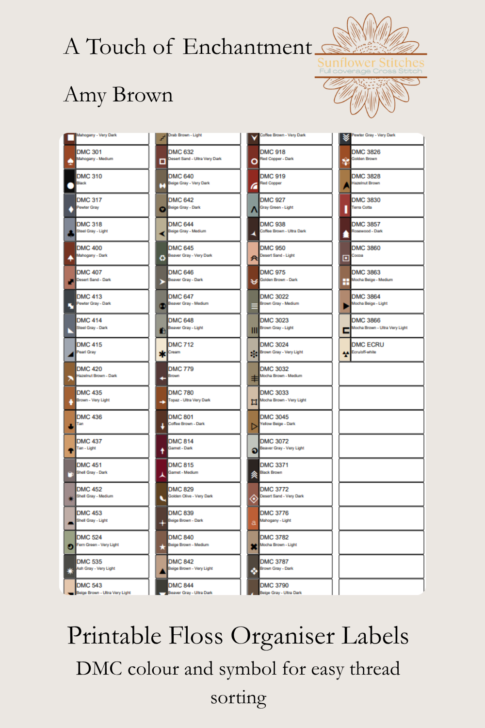 A Touch of Enchantment printable floss organiser labels showing DMC colour numbers, names, swatches and matching chart symbols.⠋