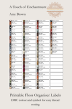 A Touch of Enchantment printable floss organiser labels showing DMC colour numbers, names, swatches and matching chart symbols.⠋