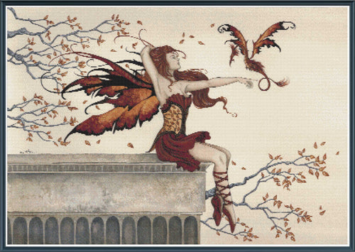 A Touch of Enchantment cross-stitch pattern featuring a red-haired fairy with autumn-coloured wings reaching towards a small dragon from a stone ledge.