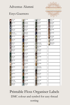 A printable floss organiser label sheet template with columns of thread swatches and text reading 'Adventus Alumni', 'Enys Guerrero', and 'Printable Floss Organiser Labels' on a beige background.
