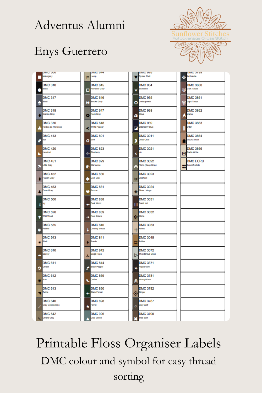 A printable floss organiser label sheet template with columns of thread swatches and text reading 'Adventus Alumni', 'Enys Guerrero', and 'Printable Floss Organiser Labels' on a beige background.