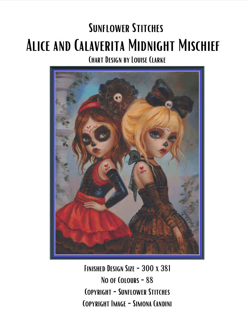 Digital download cover page for the Alice and Calaverita Midnight Mischief full-coverage printable PDF pattern.