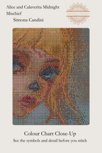 Close-up of the counted cross-stitch symbols and design for the Alice and Calaverita Midnight Mischief digital PDF.
