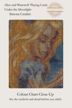 Alice and Werewolf cross stitch colour chart close-up, showing Alice’s face with a coloured symbol grid, Sunflower Stitches.