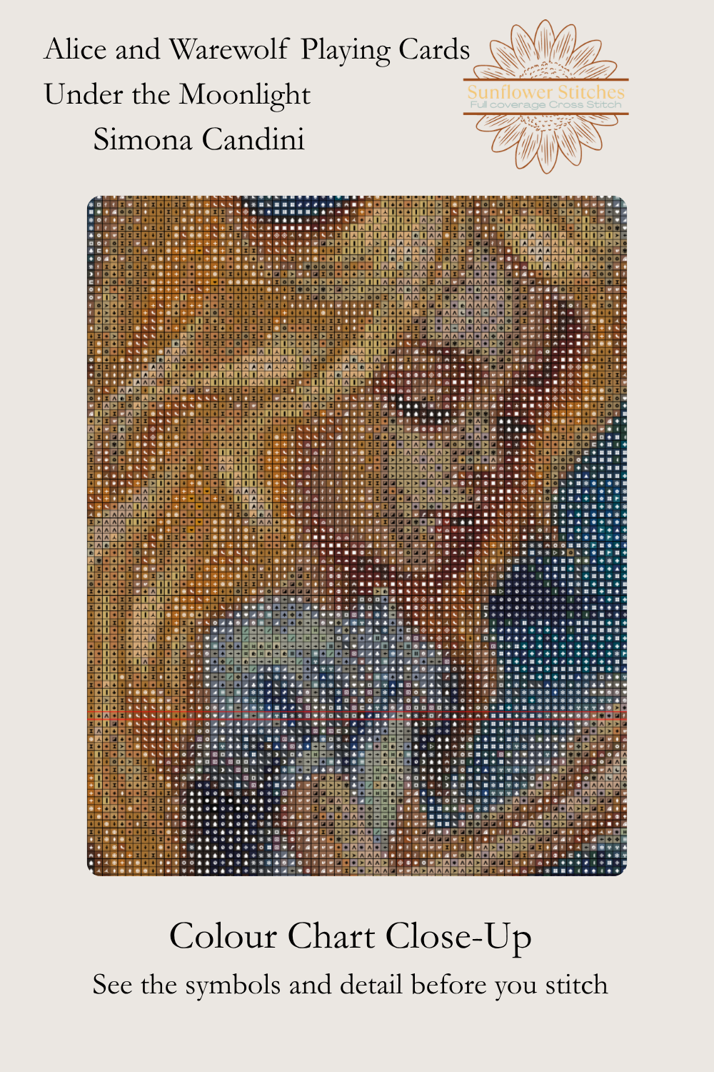 Alice and Werewolf cross stitch colour chart close-up, showing Alice’s face with a coloured symbol grid, Sunflower Stitches.