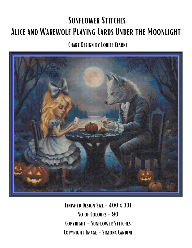 Alice and Werewolf Playing Cards Under the Moonlight cross stitch pattern cover, 400 × 331 stitches, Sunflower Stitches.