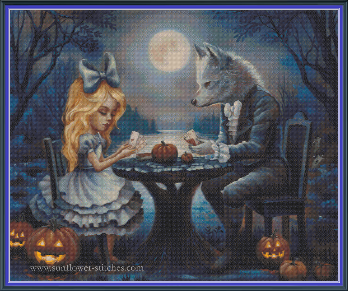 Alice and Warewolf Playing Cards Under the Moonlight cross stitch mock-up, showing pumpkins, Sunflower Stitches.