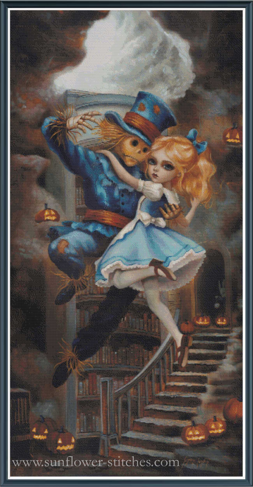 A cross-stitch pattern  featuring a whimsical Halloween scene. A scarecrow in a blue top hat and coat carries a blonde girl in a light blue dress up a staircase, with glowing jack-o'-lanterns and a dark smoky background.