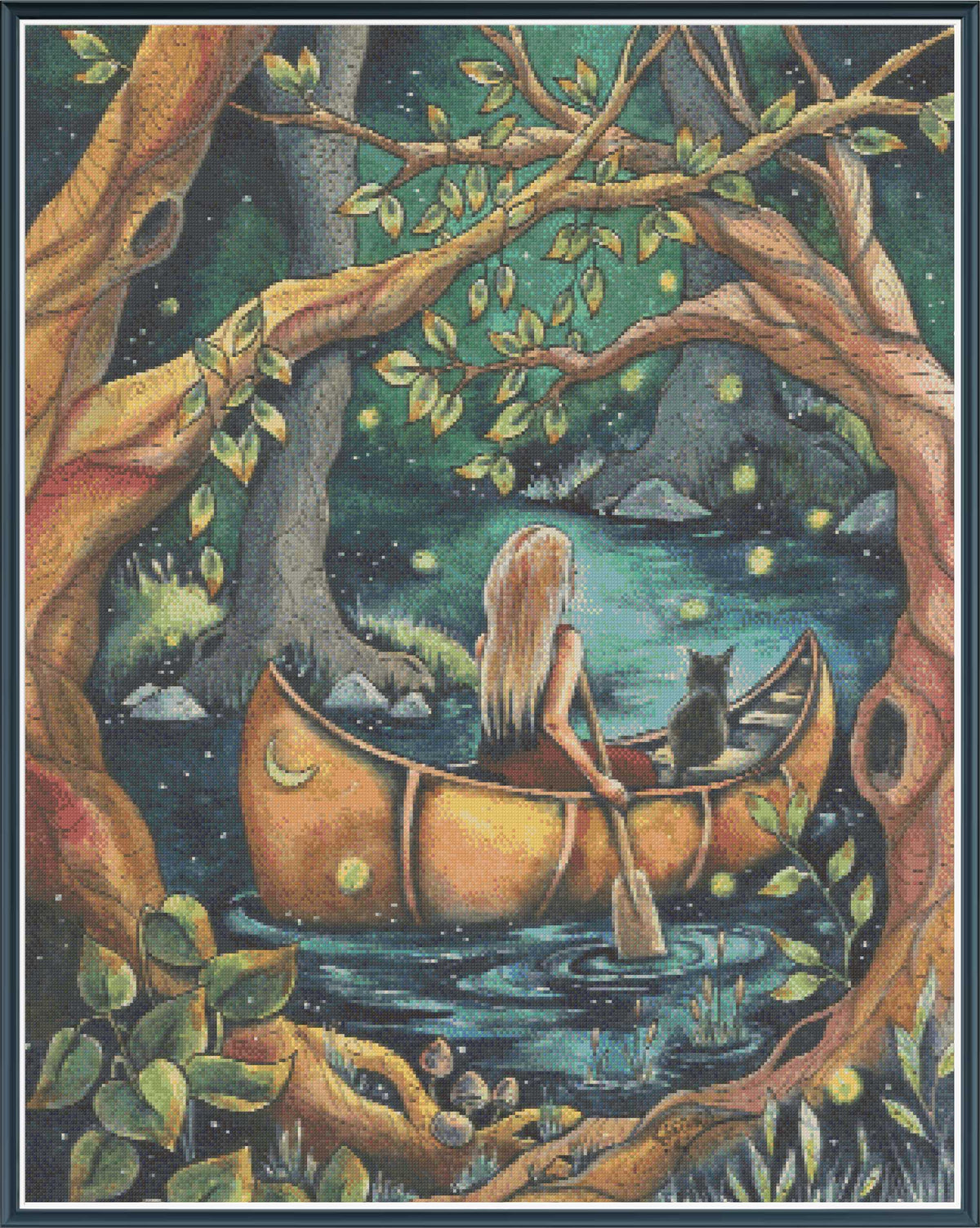 Digital PDF full-coverage cross-stitch chart of a woman and cat in a canoe, Along The Riverbank by Sunflower Stitches.
