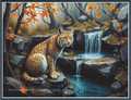 A full coverage cross stitch mock up of a painted forest scene featuring a spotted big cat sitting on rocks beside a small waterfall and blue stream, with orange autumn leaves and dark trees in the background.
