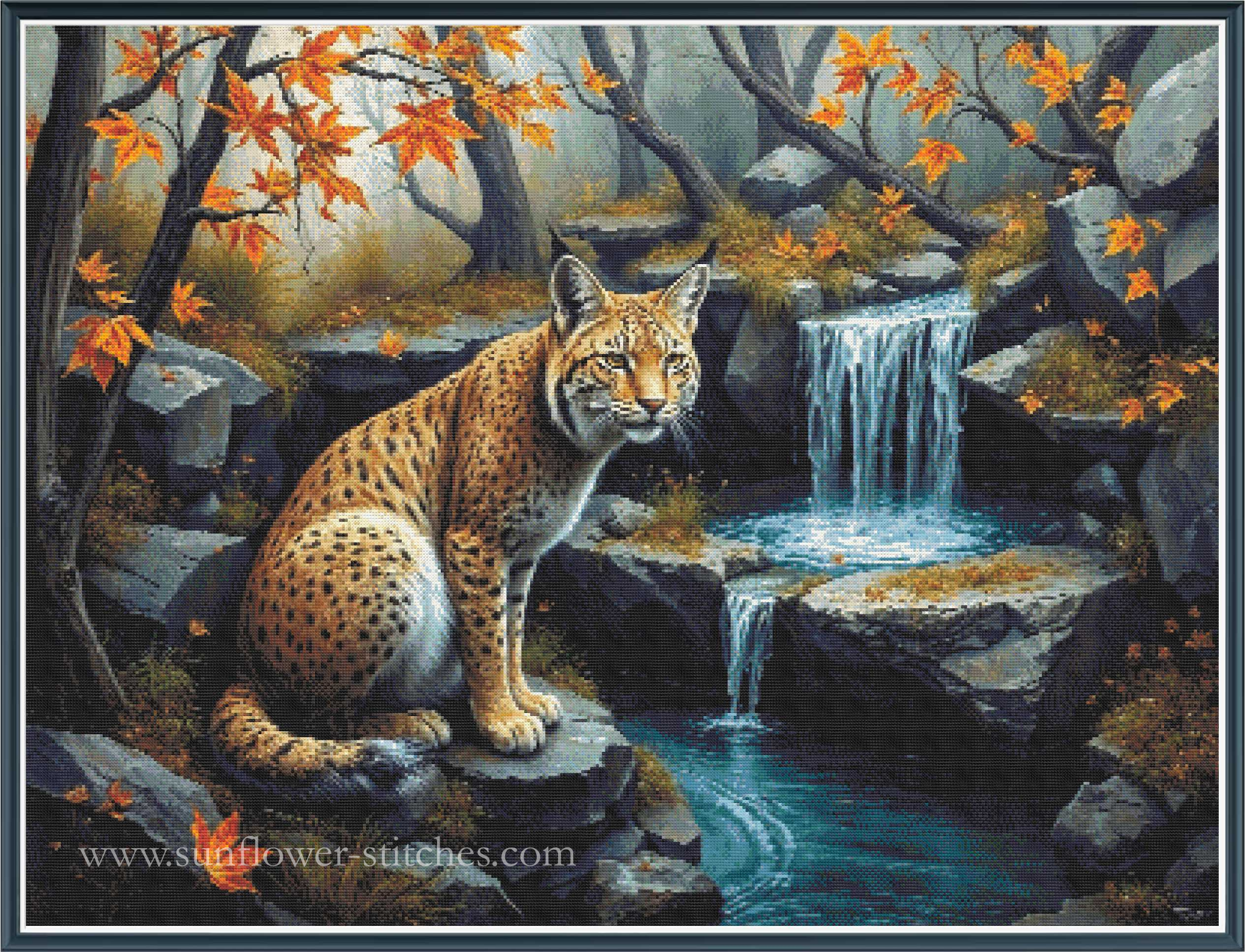 A full coverage cross stitch mock up of a painted forest scene featuring a spotted big cat sitting on rocks beside a small waterfall and blue stream, with orange autumn leaves and dark trees in the background.