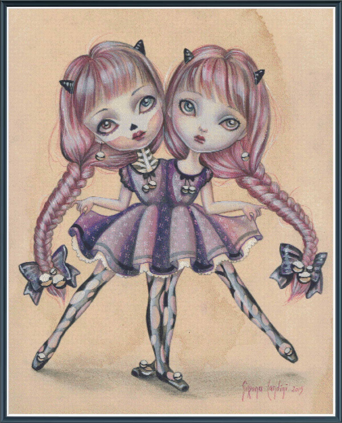 Amabel and Isabeau cross stitch mock-up, showing a two-headed gothic doll with pink plaits and a purple dress, Sunflower Stitches.