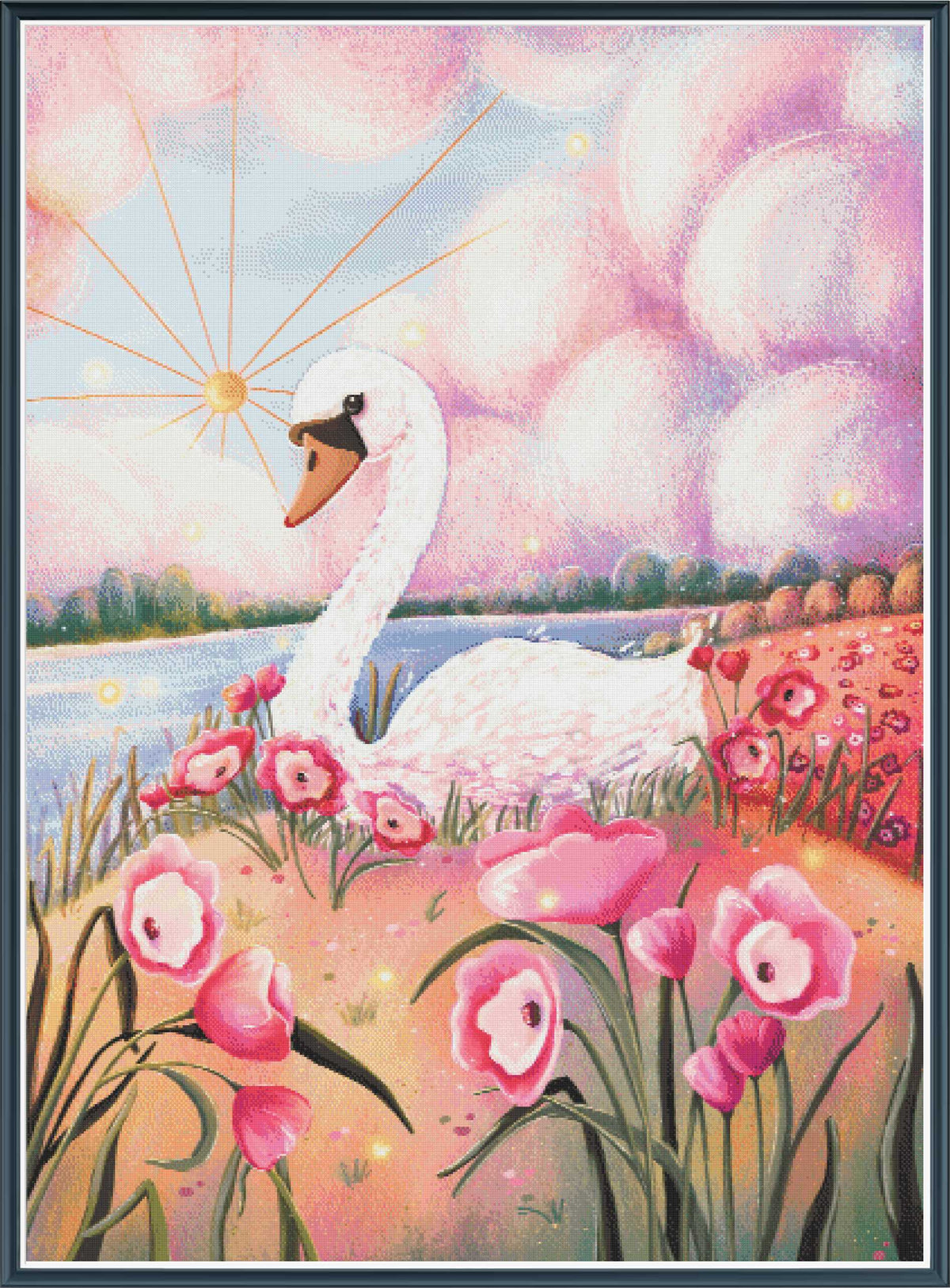 Amongst Petals LARGE cross stitch mock-up, showing a white swan beside pink flowers beneath a pastel sky, Sunflower Stitches.