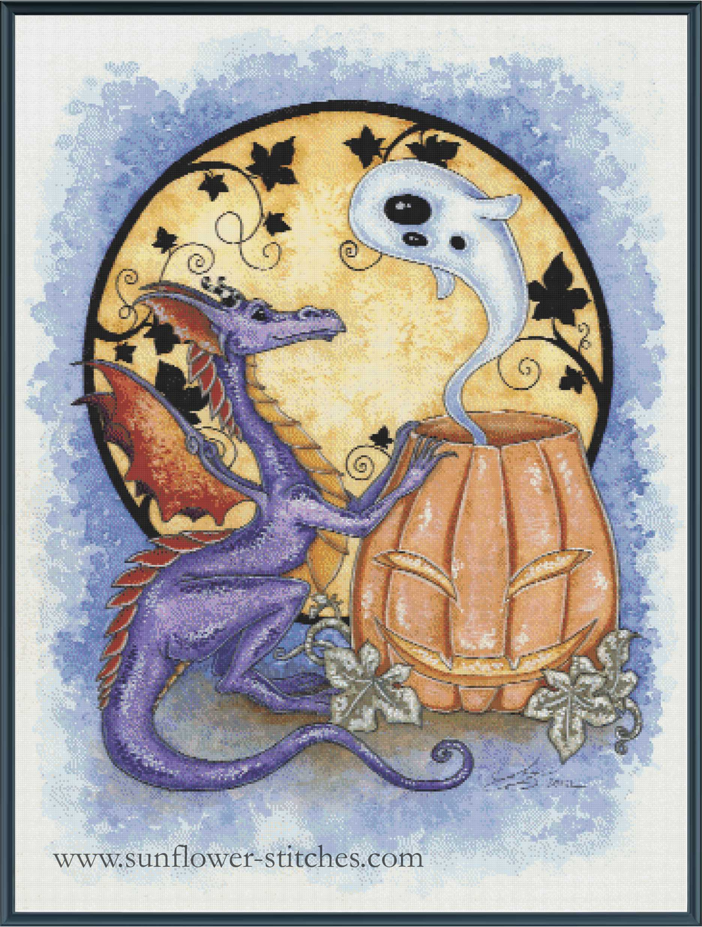 Boo! cross-stitch pattern featuring a purple dragon, a smiling pumpkin and a floating white ghost against a golden moon.