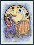 Boo! cross-stitch pattern featuring a purple dragon, a smiling pumpkin and a floating white ghost against a golden moon.