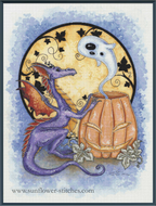 Boo! cross-stitch pattern featuring a purple dragon, a smiling pumpkin and a floating white ghost against a golden moon.