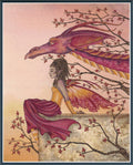 Greeting Dawn cross-stitch pattern featuring a fairy with golden and burgundy wings beside a magenta dragon, framed by branches against a peach dawn sky.