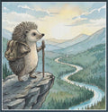 Hiking hedgehog cross stitch crop mock-up, overlooking a winding river and mountain valley, Sunflower Stitches.