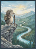 Hiking hedgehog cross stitch mock-up, overlooking a winding river and forested mountains, Sunflower Stitches.