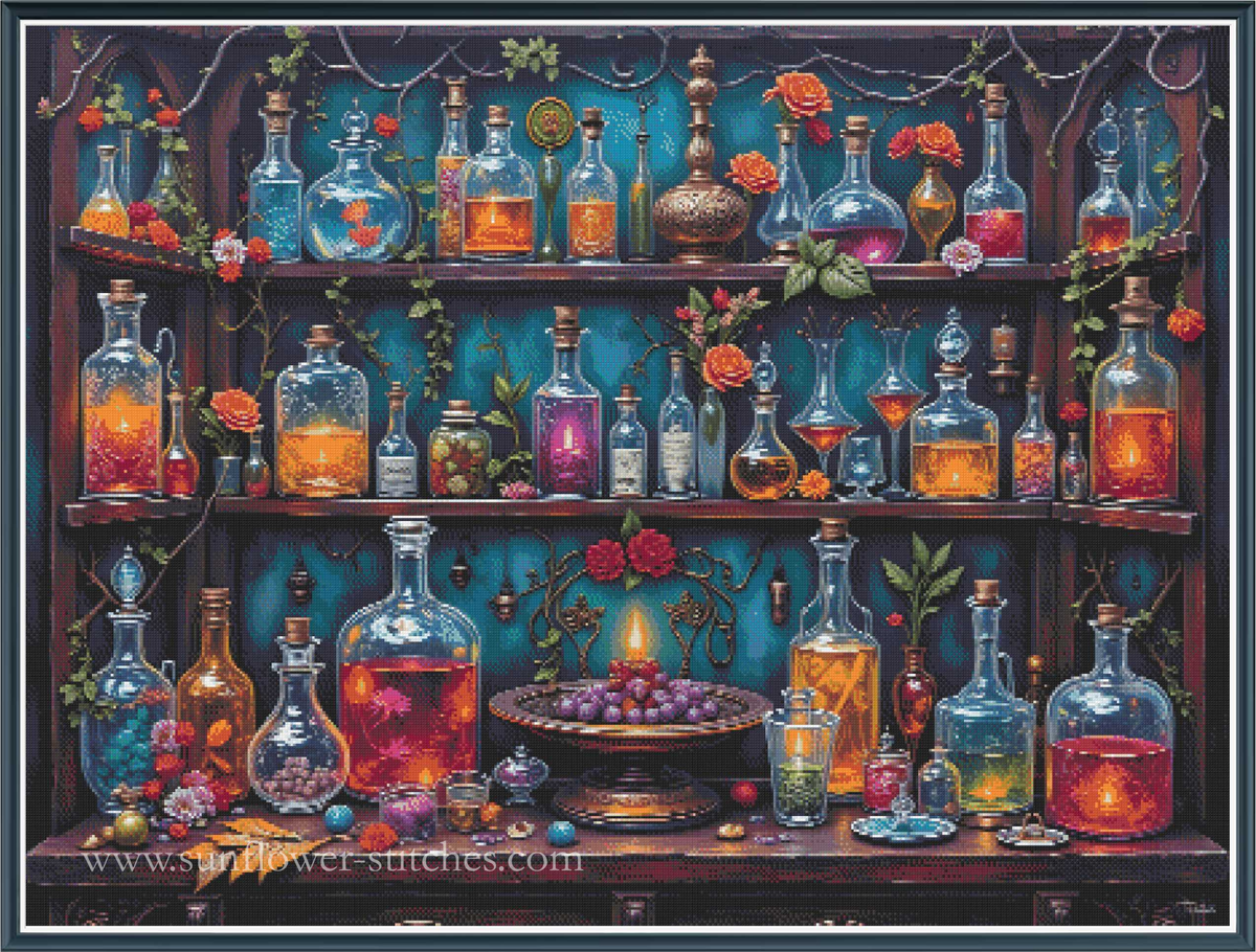Colourful potion bottles, candles and roses on wooden shelves, cross stitch mock-up, Sunflower Stitches.
