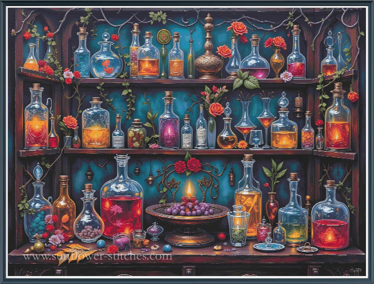 Colourful potion bottles and roses on shelves, Apothecary Shelf LARGE cross stitch mock-up, Sunflower Stitches.