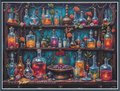 A detailed fantasy illustration of an alchemy laboratory shelf filled with glass potion bottles, flasks, and jars containing glowing orange, red, and purple liquids, decorated with roses and green vines against a dark teal background.
