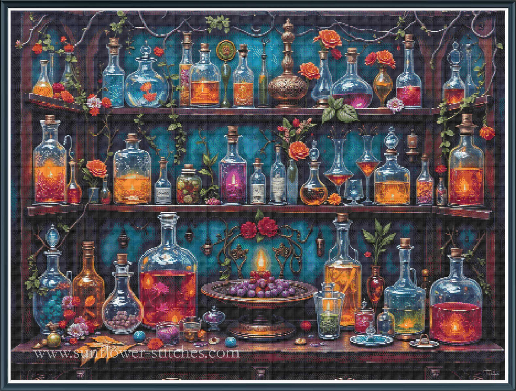 A detailed fantasy illustration of an alchemy laboratory shelf filled with glass potion bottles, flasks, and jars containing glowing orange, red, and purple liquids, decorated with roses and green vines against a dark teal background.