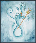 Aquamarine sea dragon holding a golden trident with seahorses, framed cross stitch mock-up, Sunflower Stitches.