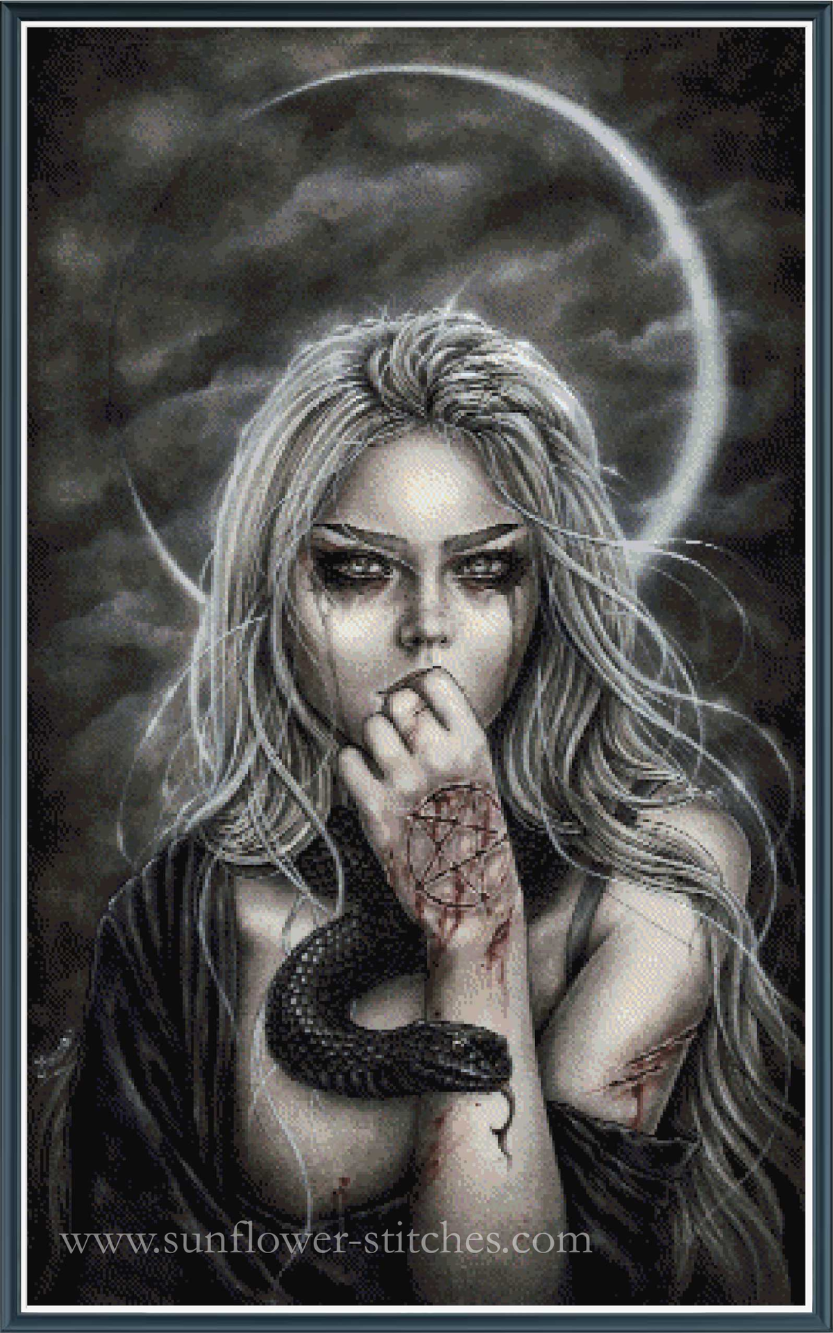 Silver-haired woman with a black snake and crescent moon, Astral Sabbat cross stitch mock-up, Sunflower Stitches.