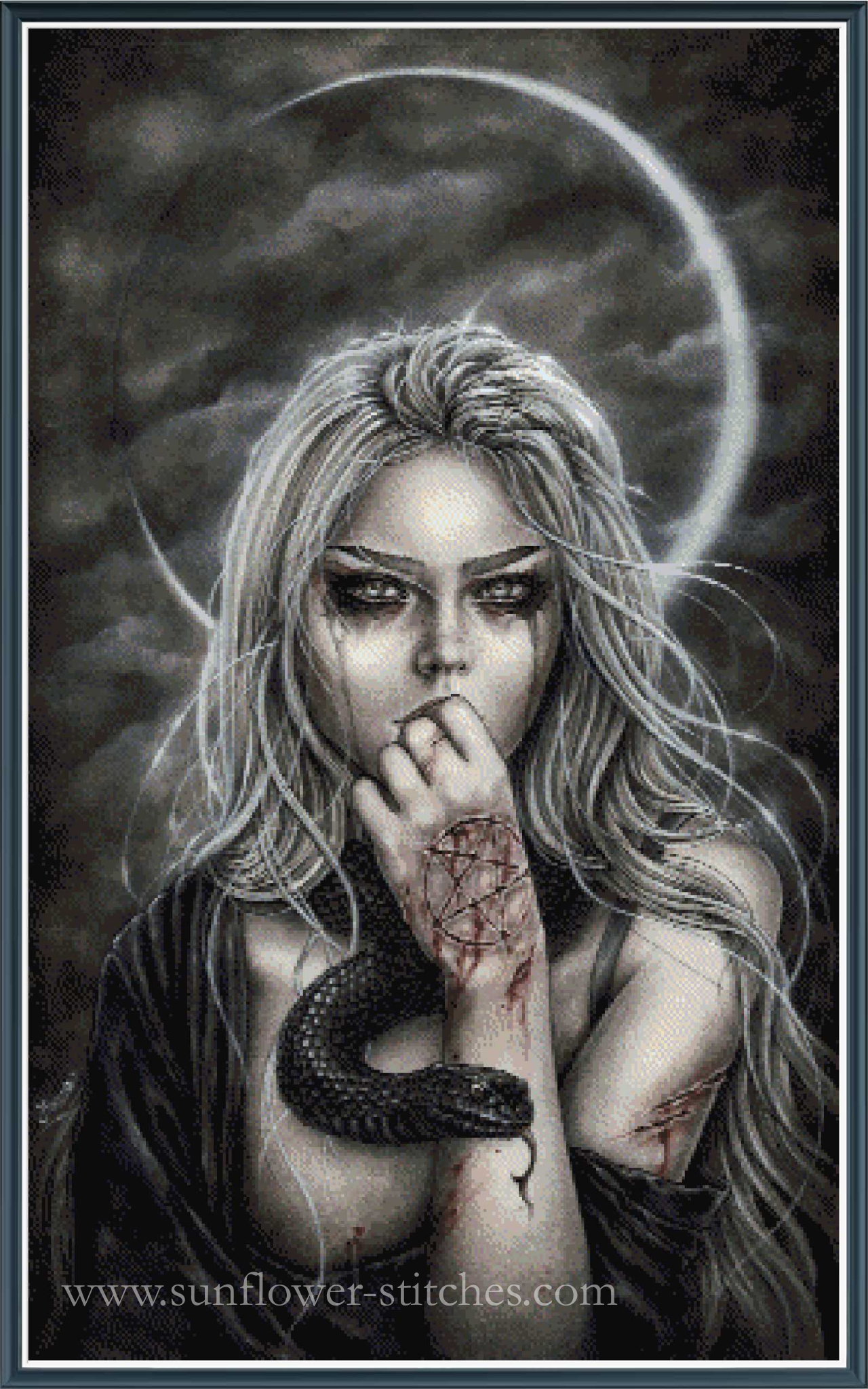 Full coverage cross stitch of a woman with snake and pentagram tattoo on her arm against a dark background.