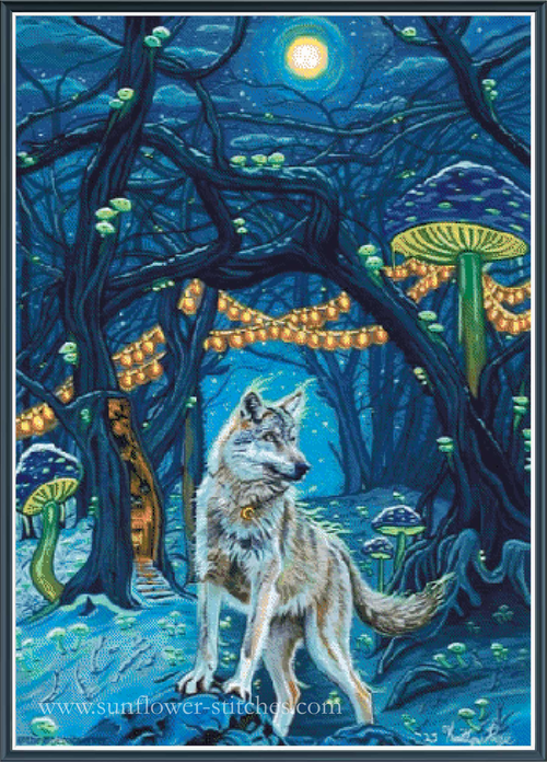 A cross stitch design featuring a white and gray wolf standing in a mystical blue forest at night under a full moon, with glowing mushroom lights and tree branches.