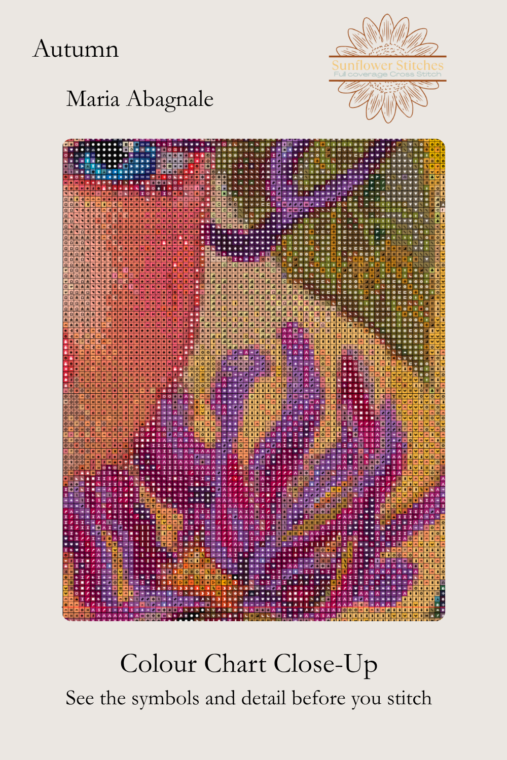 Autumn colour chart close-up, showing stitch symbols over purple flowers and part of the woman’s face, Sunflower Stitches.