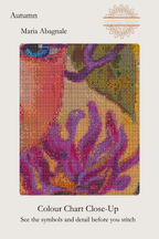 Autumn colour chart close-up, showing stitch symbols over purple flowers and part of the woman’s face, Sunflower Stitches.