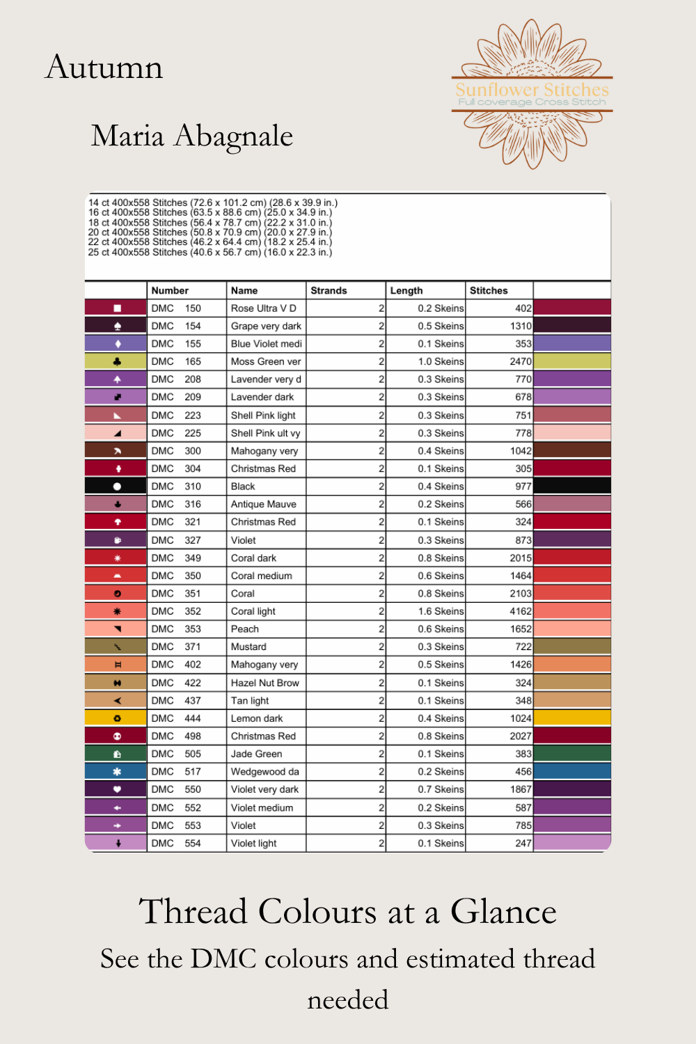 Autumn thread chart, showing DMC colour numbers, symbols and estimated skein quantities, Sunflower Stitches.