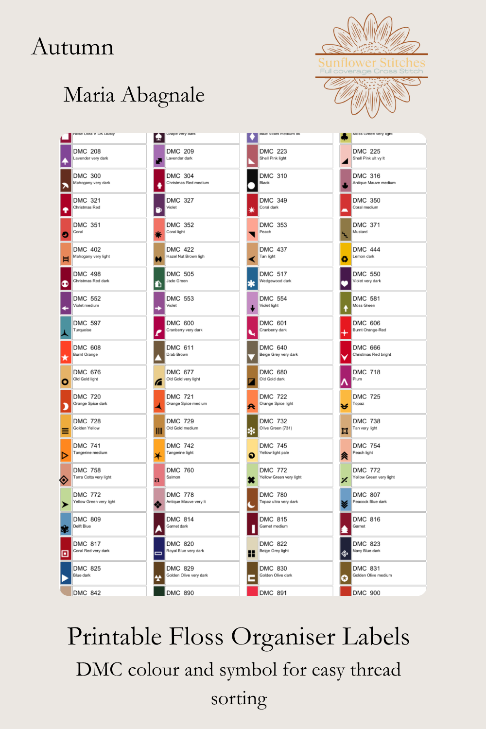 Autumn printable floss organiser labels, showing DMC colour numbers and stitch symbols, Sunflower Stitches.