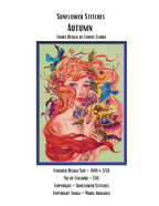 Autumn chart cover, showing a red-haired woman with blue birds and purple flowers, Sunflower Stitches.