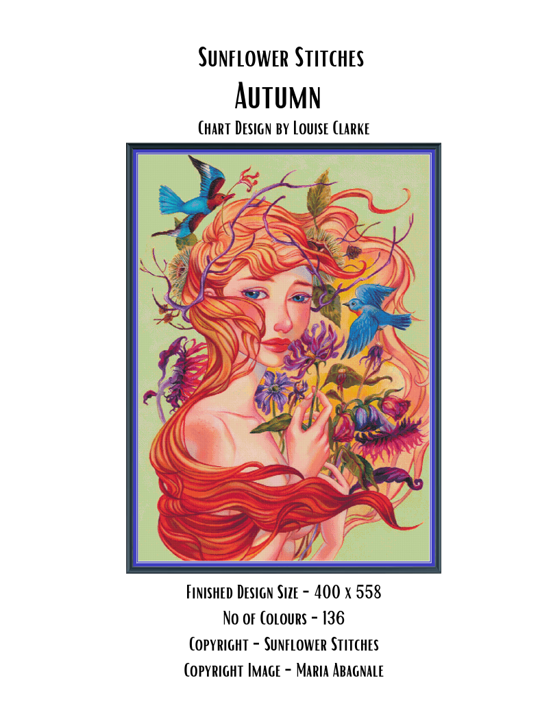 Autumn chart cover, showing a red-haired woman with blue birds and purple flowers, Sunflower Stitches.