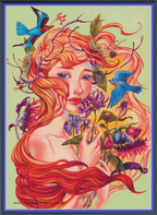 Autumn cross stitch pattern mock-up, showing a red-haired woman, blue birds and purple flowers, Sunflower Stitches.