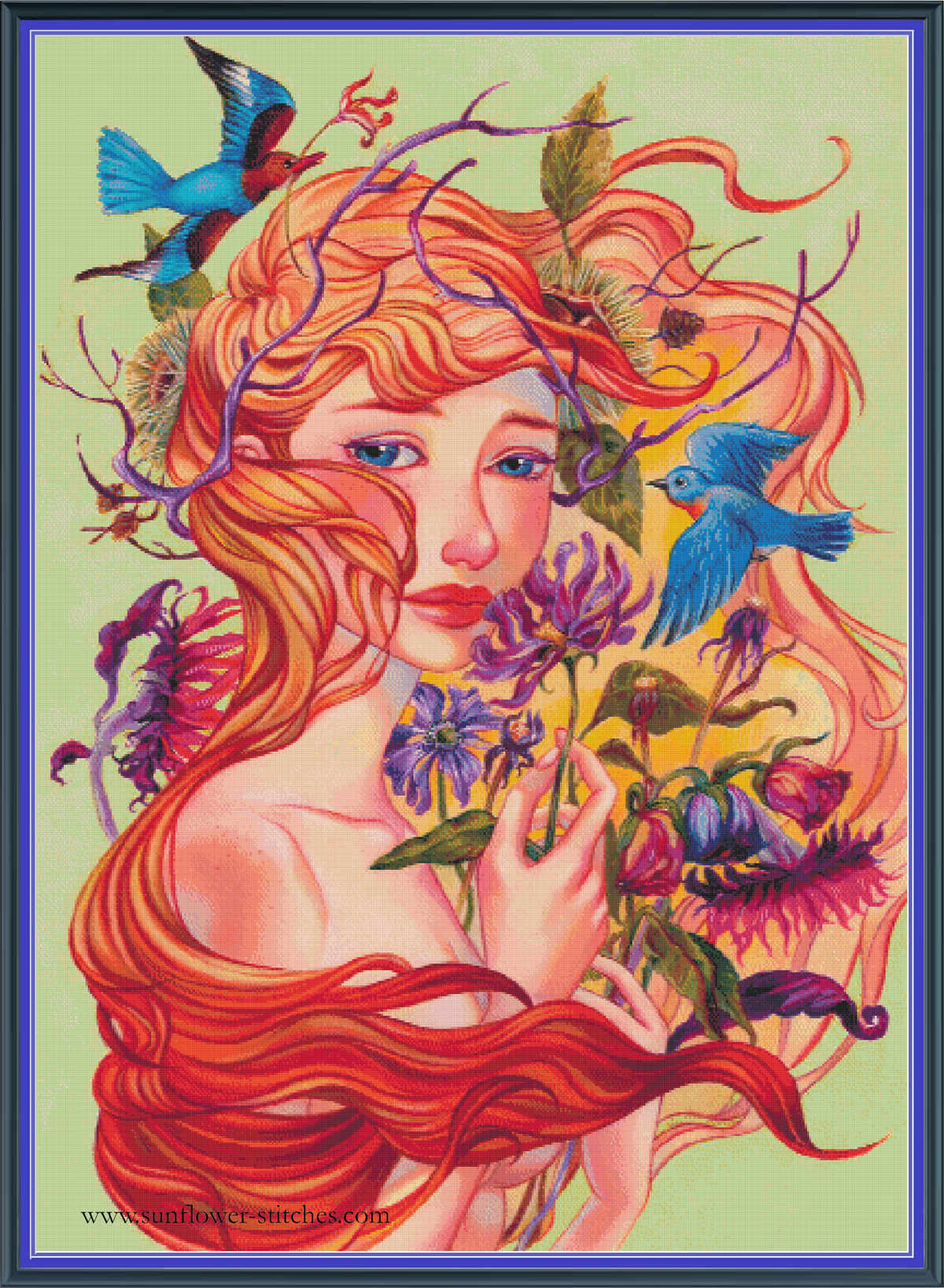 Autumn cross stitch pattern mock-up, showing a red-haired woman, blue birds and purple flowers, Sunflower Stitches.