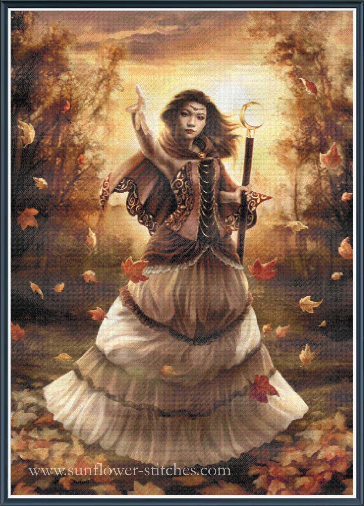Autumn Magic cross stitch mock-up, woman with a crescent-moon staff amid golden trees and falling leaves, Sunflower Stitches.